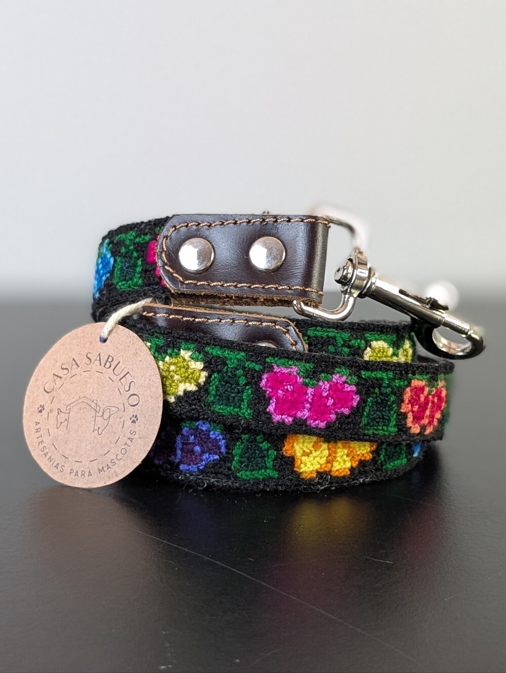 Leather Dog Lead w Colourful Embroidered Floral Design, 51" Dog Leash NWT Mexico